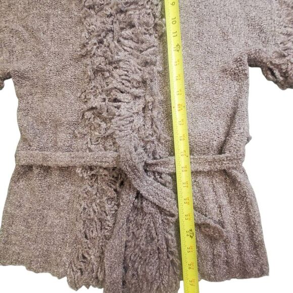 Vertical Design Women’s Gray Fringe Knit Cardigan Sweater Short Sleeve Open Fron - Picture 9 of 10